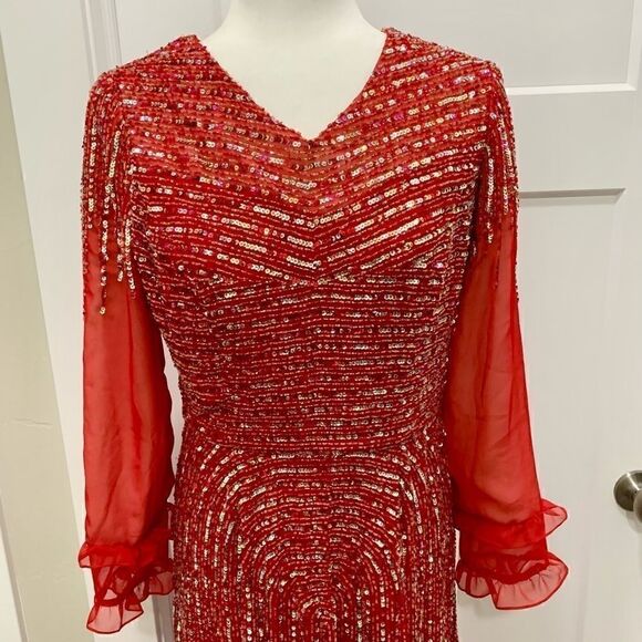 Vintage Red long-sleeve  beaded and sequined chiffon evening dress - Picture 8 of 14